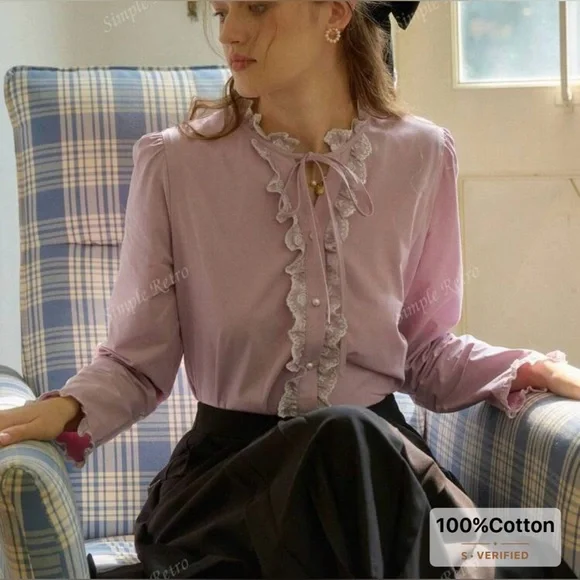 Pink Ruffled Long Sleeve Blouse with Bib Collar - Picture 1 of 10